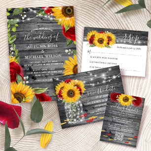 Carte Postale Faire-part Mariage rustique de tournesol rose rouge Enregistr