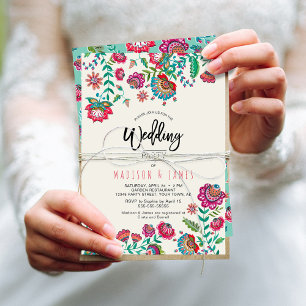 Invitation Fleurs folk orange vif mariage floral