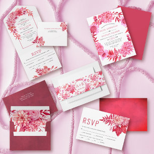 Invitation Fleurs rouges roses et mariage de couronne feuille