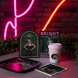 Invitation En Aluminium Glow The Future is Bright Fun Blue Neon Graduation