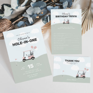 Carte De Remerciements Golf rose Trou-en-un pour filles 1er anniversaire