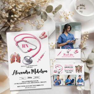 Carte De Remerciements Photo Watercolor Pink Nursing School Graduate