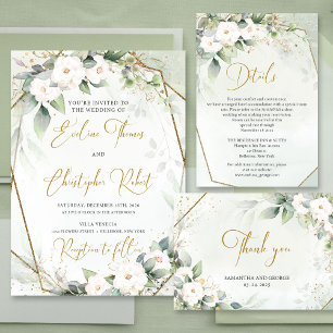 Invitation Princesse robe or roses blanches feuillage vert