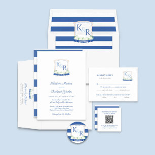Invitation Preppy Nautical Bleu Monogram Crest Mariage