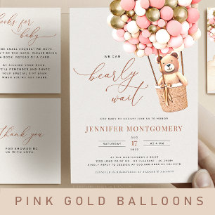 Invitation Tout En Un Ballons d'ours rose or Baby shower fille