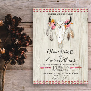 Invitation Tout En Un Boho Floral Antlers Crâne Mariage en bois foncé