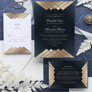 Invitation Geo Dark Navy Gold Gatsby Calligraphy Wedding