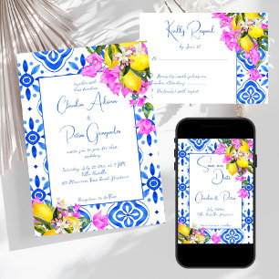 Invitation Carreaux bleus Bougainvillea citrons mariage éléga