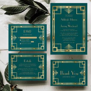Invitation Mariage Elégant Salle de Bal Vert-Bleu Doré Géomét
