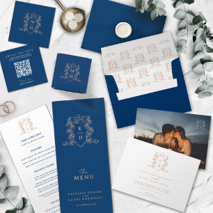 Sticker Rond Monogramme couronne crête bleu et or rose mariage