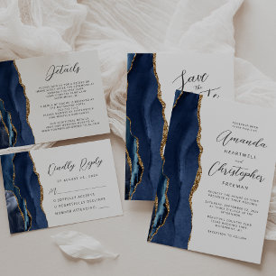 Invitation Mariage Agate Navy Blue Gold Script