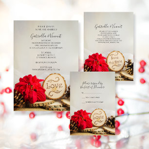 Cartons Réponse Rustique Rouge Poinsettia Bois Mariage d'hiver RSV