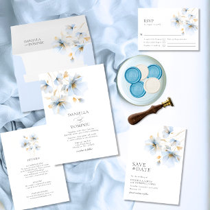 Save The Date Dreamy Pastel Blue et Gold Wild Flowers Mariage