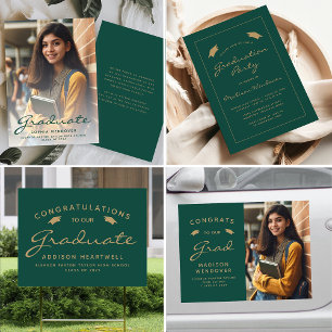 Invitation Classic Green Gold Border Graduation Party 2025