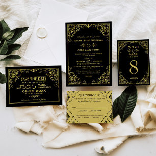 Invitation Mariage Art déco noir et or vintage