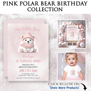 Carte De Remerciements Beary d'hiver 1er anniversaire mignon Ours rose