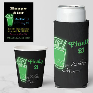 Carte Postale D'invitation À Feuilles D'aluminium Neon Boissons et Danse 21ème anniversaire