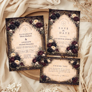Save The Date Mariage Floral de Crâne Gothique Sombre