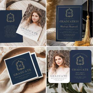 Monogram Navy Blue Gold Photo Grad Faire-part