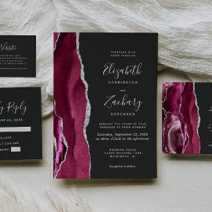 Invitation Moderne Bourgogne Argent Agate Mariage foncé