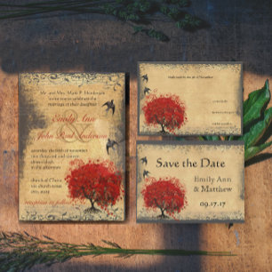 Invitation Feuilles cardiaques Arbre rouge Oiseaux Vintages T