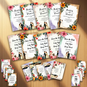 Invitation Aquarelle rose Fleurs Couple Boho Mariage d'été