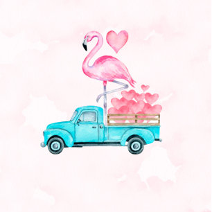 Invitation Vintage Camion Flamant rose rose Baby shower Coeur