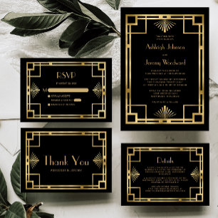 Carte D'accompagnement Vintage 1920s Déco Gold Frame Black Wedding RSVP