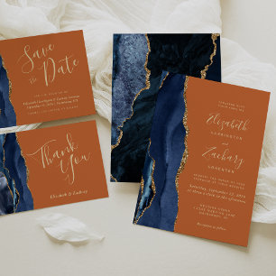 Invitation Marine Blue Gold Agate Brûlé Orange Mariage
