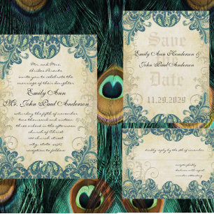 Invitation Turquoise Blue Green Golden Lime Peacock Mariage