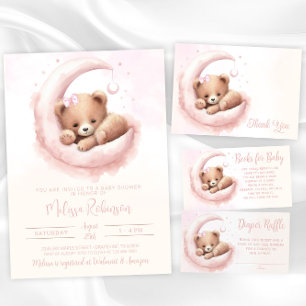 Carte De Remerciements Aquarelle rose pâle Baby shower fille ours