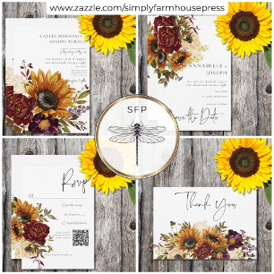 Save The Date Tournesols Rustiques d'été & Bourgogne Floral