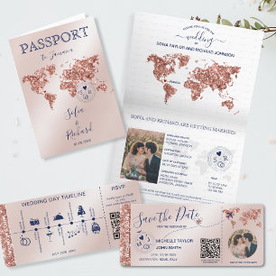 Invitation Destination Mariage Passport World Map Rose Gold