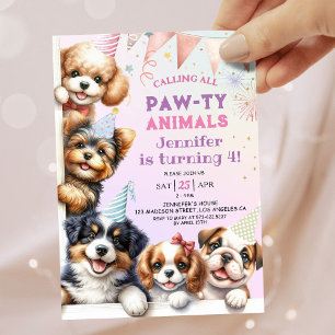 Girls Puppy Lets Pawty 4th Birthday Invitation