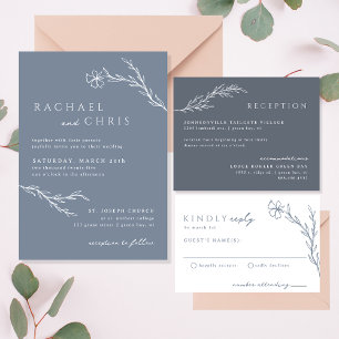 Cartons Réponse Moderne Mariage Floral Boho Contour en Bleu Poussi