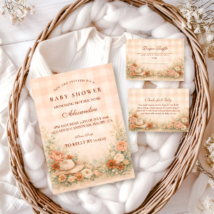 Invitation Baby Shower Floral Western à Carreaux de Pêche