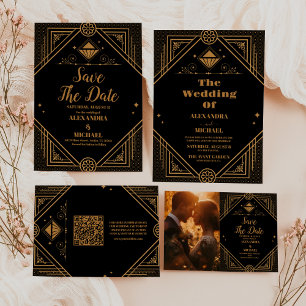 Carte D'accompagnement Mariage Art déco géométrique de code QR en or noir