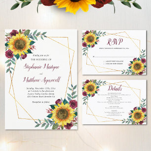 Invitation Tournesol géométrique Bourgogne Rose Mariage flora