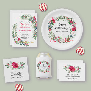 Invitation Rose blanche rouge Floral Holly 80e fête d'anniver