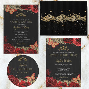 Sticker Rond Roses rouges vintages dentelle d'or noir Quinceañe
