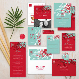 Invitation Bambou rouge et turquoise Feuille Mariage chinois 