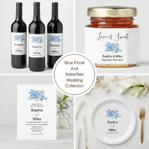 Étiquette Pour Bouteilles De Vin Mariage Fleurs Aquarelle Bleue et Papillons 