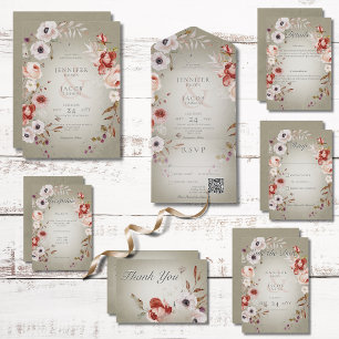 Invitation Tout En Un Sage romantique Vert et rose Floral QR Code