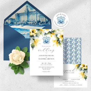Invitation Monogramme Aquarelle Bleu et Jaune Mariage