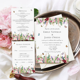 Invitation Fleurs sauvages et papillons rose violet Mariage