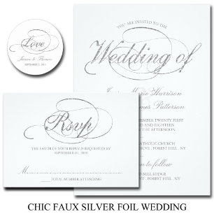 Faire-part de mariage de script en argent Chic Fau
