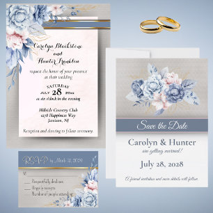 Invitation Fleurs bleues et roses sur Mariage rose et gris