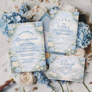 Invitation Blue Floral Gold Garden Quinceañera