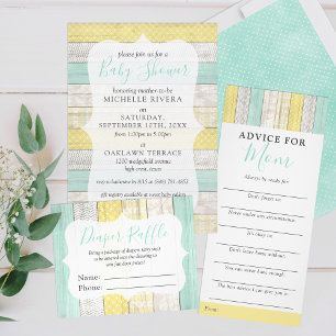 Invitation Baby shower neutre genre Mint Jaune Bois rustique