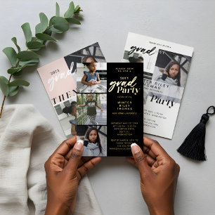 Invitation Moderne White Now & then 3 Photo Graduation Party